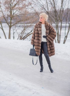  Doğada kürk giymiş zarif bir bayan, sonbahar - kış mevsimi, çekici görünümlü bir kadın