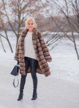  Doğada kürk giymiş zarif bir bayan, sonbahar - kış mevsimi, çekici görünümlü bir kadın