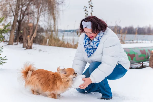 Plus size elegant woman at winter day in park walking outdoor with her dog, Dog lover lady lifestyle, magic cold Christmas time with pet, Pets life