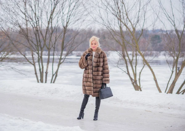 Szép Elegáns Hölgy Szőrme Kabát Természetben Ősz Téli Szezonban Vonzó — Stock Fotó
