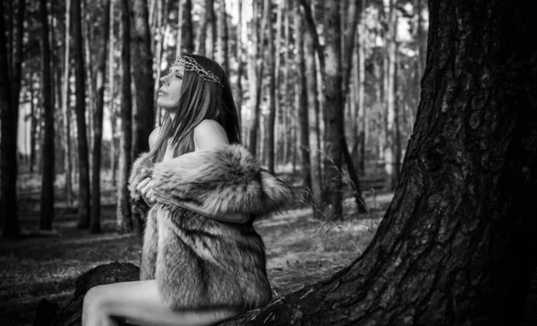 赤毛北欧現代バイキング女性 中世の雰囲気 魅力的な中年女性で毛皮 — ストック写真