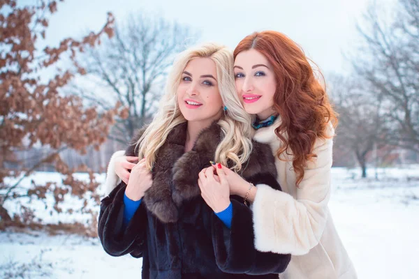 Best women friends ever. Two young nice girls spending time together at snowy winter park and cuddling on sunny day. Concept of women\'s friendship and relationship