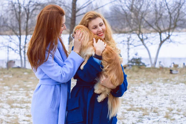 Two young stylish girls friends together on walk. Portrait of a two nice women talking outdoors in winter or spring park