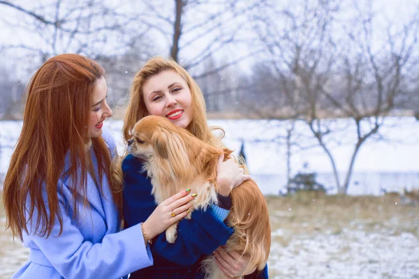 Two young stylish girls friends together on walk. Portrait of a two nice women talking outdoors in winter or spring park