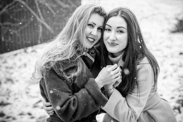 Két Fiatal Stílusos Lány Barátok Együtt Sétálni Portré Két Kedves — Stock Fotó