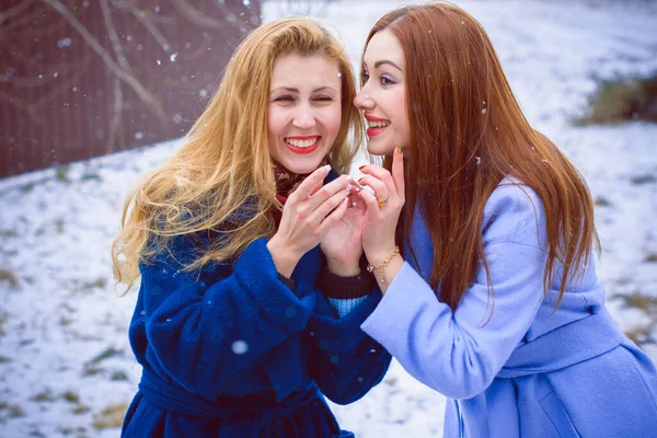 2人の若いスタイリッシュな女の子が一緒に歩いています 冬や春の公園で屋外で話している2人の素敵な女性の肖像画 — ストック写真