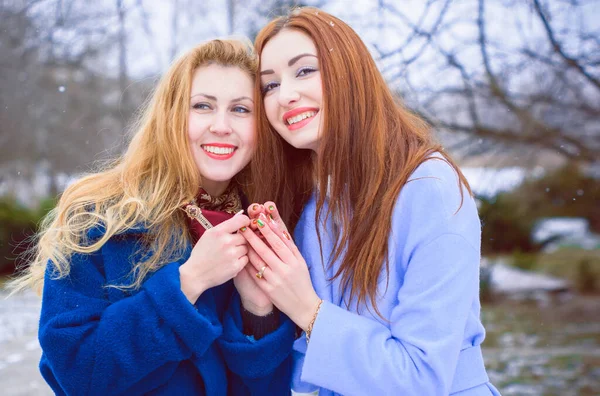Zwei Junge Stylische Freundinnen Beim Spazierengehen Porträt Zweier Netter Frauen — Stockfoto