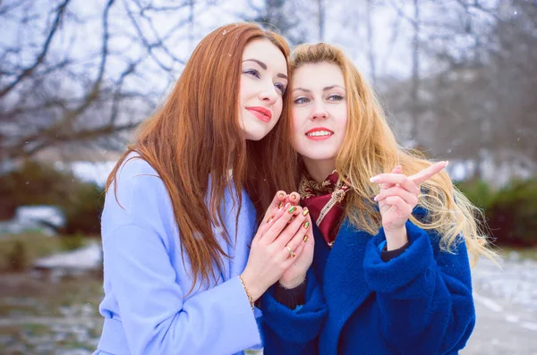 Zwei Junge Stylische Freundinnen Beim Spazierengehen Porträt Zweier Netter Frauen — Stockfoto