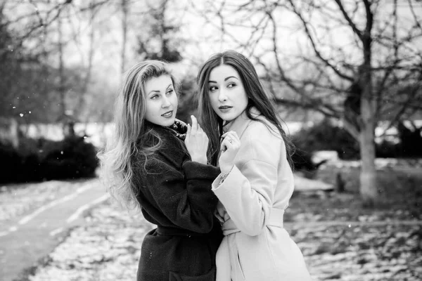 Dos Chicas Jóvenes Con Estilo Amigos Juntos Paseo Retrato Dos — Foto de Stock