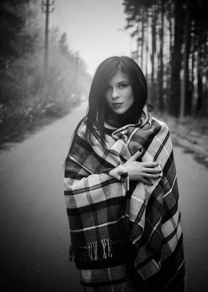 Girl Standing Forest Wrapped Red Cozy Plaid Dreaming Something People — Stock Photo, Image