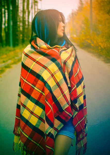 Girl Standing Forest Wrapped Red Cozy Plaid Dreaming Something People — Stock Photo, Image
