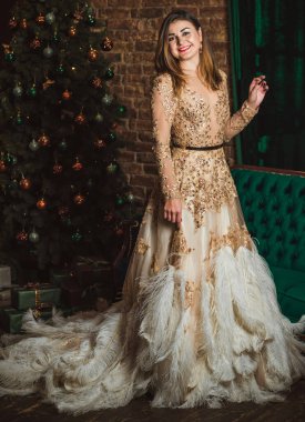 Sihirli gece, tüylü Arap kadın Noel atmosferinde akşam elbisesi