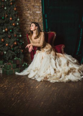 Sihirli gece, tüylü Arap kadın Noel atmosferinde akşam elbisesi