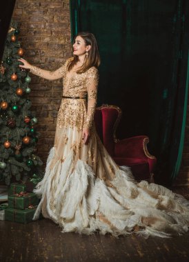 Sihirli gece, tüylü Arap kadın Noel atmosferinde akşam elbisesi