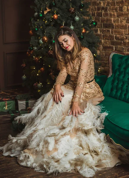 Magische Nacht Araberin Federn Abendkleid Mit Goldenem Glanz Bei Weihnachtsstimmung — Stockfoto
