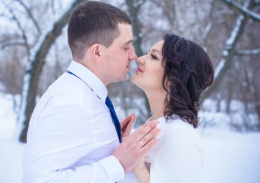 Mutlu çift Kar Parkı 'nda eğleniyor ve kucaklaşıyor. Kış büyülü zaman, Sevgililer Günü 14 Şubat