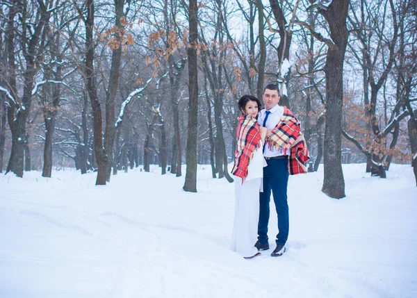 Boldog Pár Szórakoznak Ölelkeznek Szabadban Snow Parkban Téli Mágikus Idő — Stock Fotó