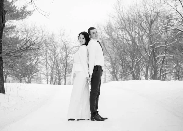 快乐的一对夫妇在雪地公园里玩乐和拥抱户外 冬季魔法时间 2月14日情人节 — 图库照片