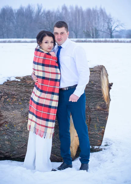 Mutlu çift Kar Parkı 'nda eğleniyor ve kucaklaşıyor. Kış büyülü zaman, Sevgililer Günü 14 Şubat