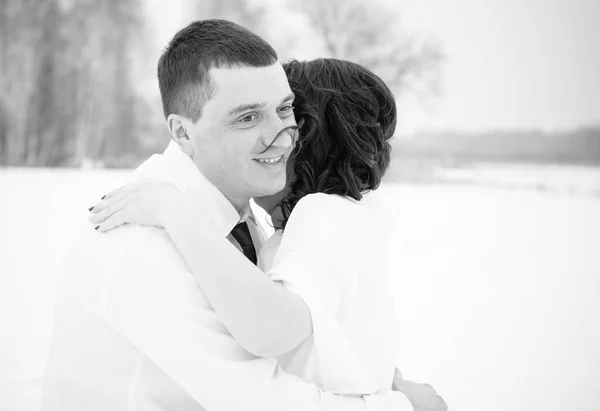 Happy Couple Having Fun Embracing Outdoors Snow Park Winter Magical — Stock Photo, Image