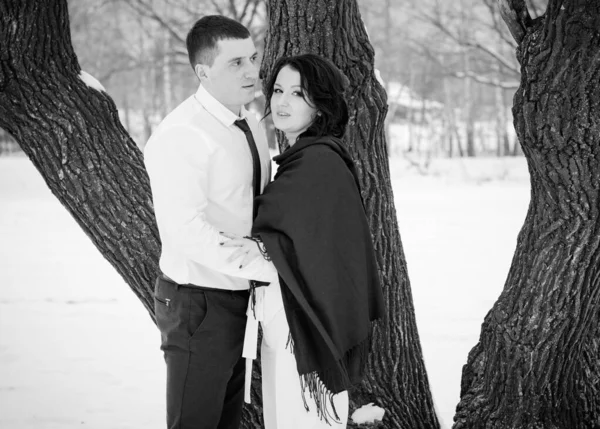 Casal Feliz Divertindo Abraçando Livre Snow Park Tempo Mágico Inverno — Fotografia de Stock