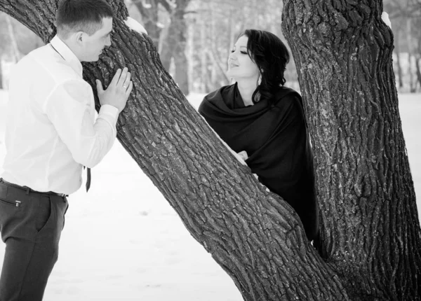 快乐的一对夫妇在雪地公园里玩乐和拥抱户外 冬季魔法时间 2月14日情人节 — 图库照片