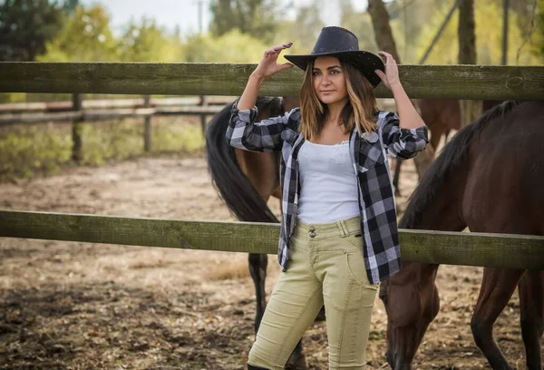 Concepto Granja Caballos Pasatiempo Jinete Mujer Hablando Con Caballo Ecoturismo — Foto de Stock