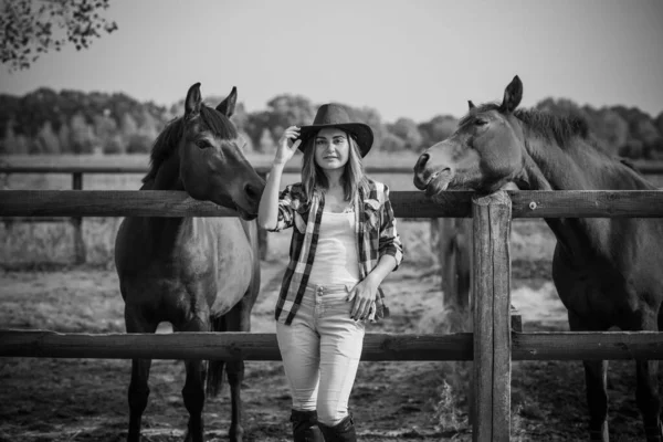 马场的概念 爱好骑手 女人和马说话 生态旅游 — 图库照片