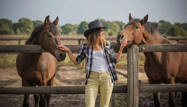 Koncepcja Hodowli Koni Hobby Jeździec Kobieta Rozmawia Koniem Eko Turystyka — Zdjęcie stockowe