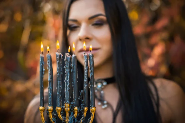 Portrait Mysterious Lady Candle Magic Rituals Concept Attracting Beauty Happiness — Stock Photo, Image