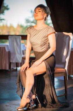 Zarif puantiyeli elbise, klasik koleksiyon, modaya uygun moda anlayışı, açık havada güzel bir kadın.