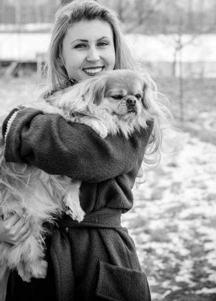 Милая Молодая Женщина Гуляет Собакой Отдыхающей Парке Лучшая Подружка Старшая — стоковое фото