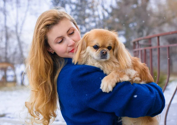 Linda Joven Paseo Con Perro Descansando Parque Mejor Chica Amistad — Foto de Stock