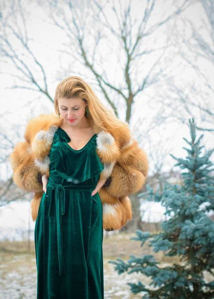 Κομψή Κυρία Vintage Στυλ Ρούχων Είναι Ντυμένη Βελούδινο Φόρεμα Και — Φωτογραφία Αρχείου