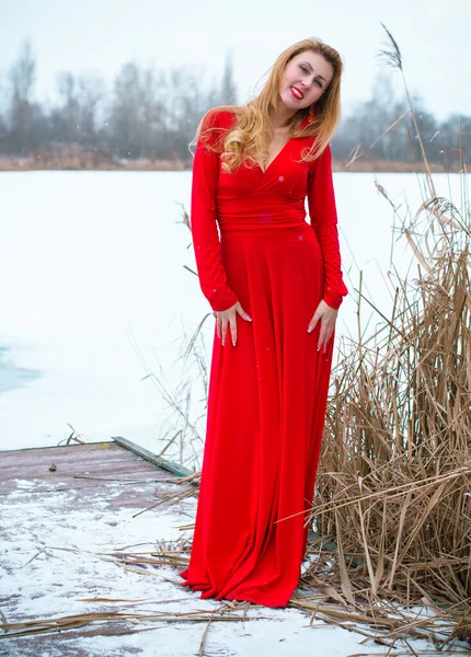Schöne Junge Mädchen Einem Langen Kleid Verschneiten Garten Hollywood Chic — Stockfoto