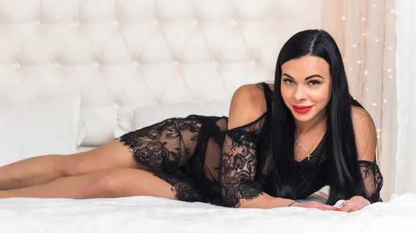 Sensual Woman Black Lace Boudoir Bed Lifestyle Modern Elegant Lady — Stock Photo, Image