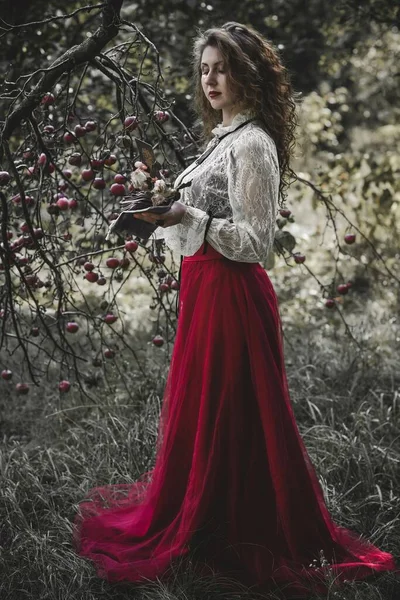 维多利亚时代的女人 中世纪哥特式花边服装 — 图库照片