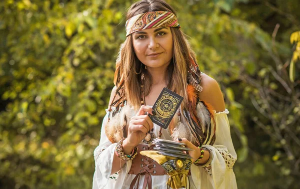 Gypsy woman predict future, Boho mystical style. Gypsy lady with a magical stuff, esoteric and magic concept. Modern vintage elements