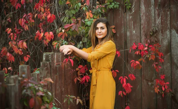 Parkta Koyu Sarı Gündelik Elbiseli Modern Bir Bayan Moda Ekolojik — Stok fotoğraf