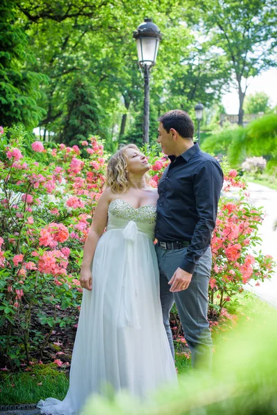 Blond bride and groom on wedding. Happy wedding couple. Beautiful bride, young woman in white dress groom kissing and having fun in outdoor on summer day. Just married, young family.