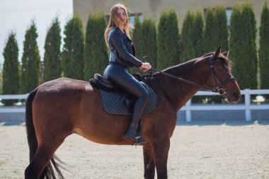 Bahar - yaz mevsimi, hobi konsepti, at süren kadın, insan ve hayvan ilişkisi.