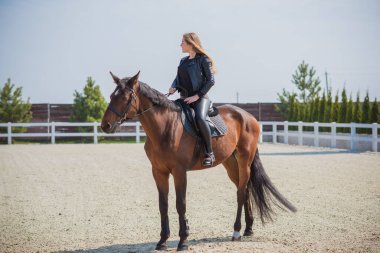 Bahar - yaz mevsimi, hobi konsepti, at süren kadın, insan ve hayvan ilişkisi.