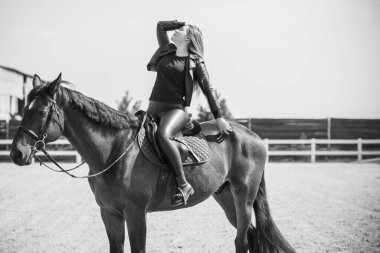 Bahar - yaz mevsimi, hobi konsepti, at süren kadın, insan ve hayvan ilişkisi.