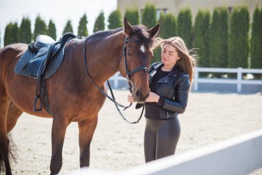 Bahar - yaz mevsimi, hobi konsepti, at süren kadın, insan ve hayvan ilişkisi.