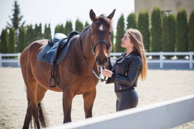 Bahar - yaz mevsimi, hobi konsepti, at süren kadın, insan ve hayvan ilişkisi.