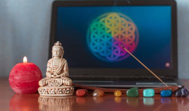 Evde meditasyon pratiği yapıyorum. Çevrimiçi video eğitimi. Yoga dengesi, çakra temizliği, rahatlama konsepti..