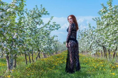 Bahar çiçekleri bahçesinde dantel elbiseli romantik bir kadın. Şefkat ve modern kadınlık kavramı