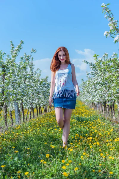 Bahar çiçekleri bahçesinde romantik bir kadın. Kadın kavramı ve şefkat, modern güzellik veya kadınlık.