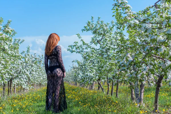 Bahar çiçekleri bahçesinde dantel elbiseli romantik bir kadın. Şefkat ve modern kadınlık kavramı