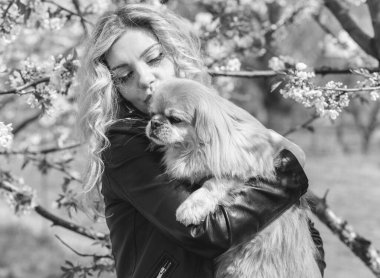 Güzel, sarışın bir kadın. Sokakta köpeği, doğal güzelliği, modern bir bayanı var. Ben veya XI beden, artı beden modeli.